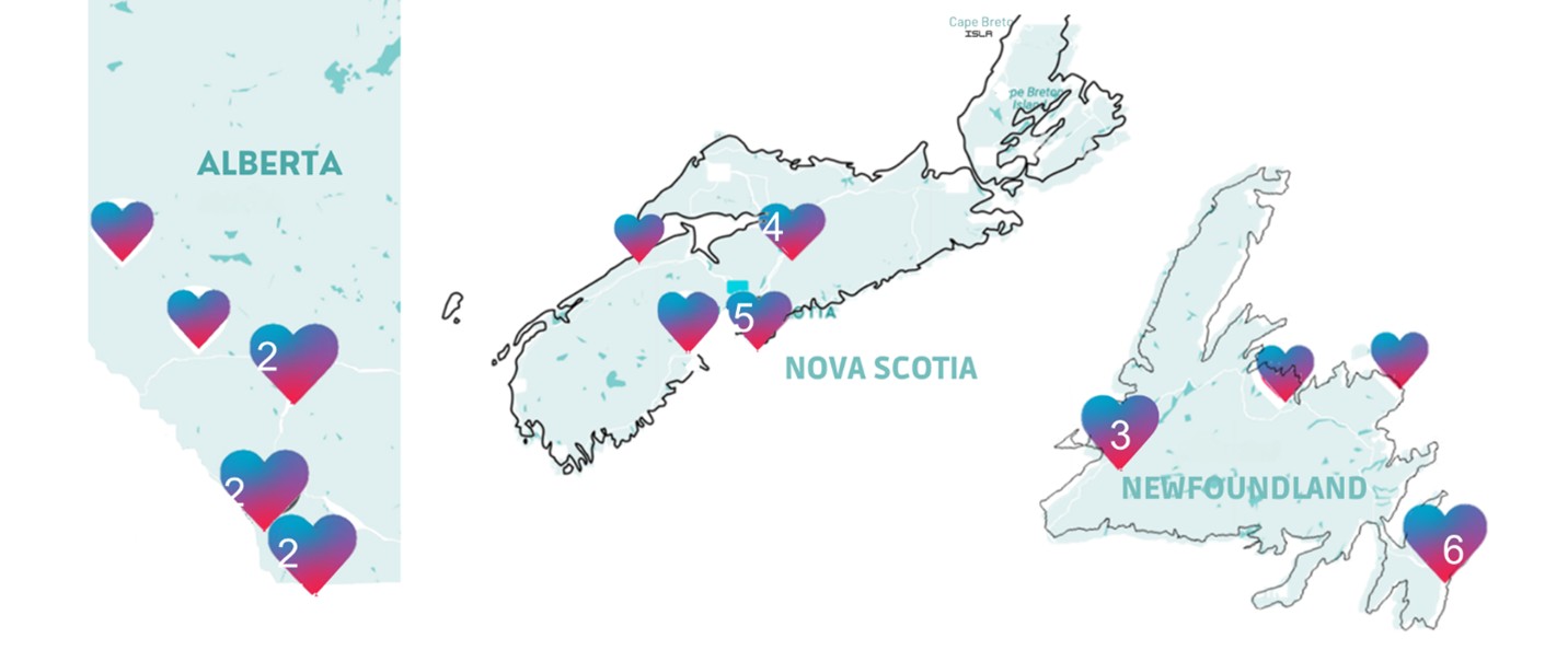 Map showing the three participating provinces: AB, NS and NL.